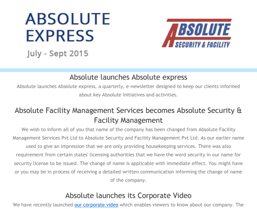 absolute express Newsletter July to September 2015